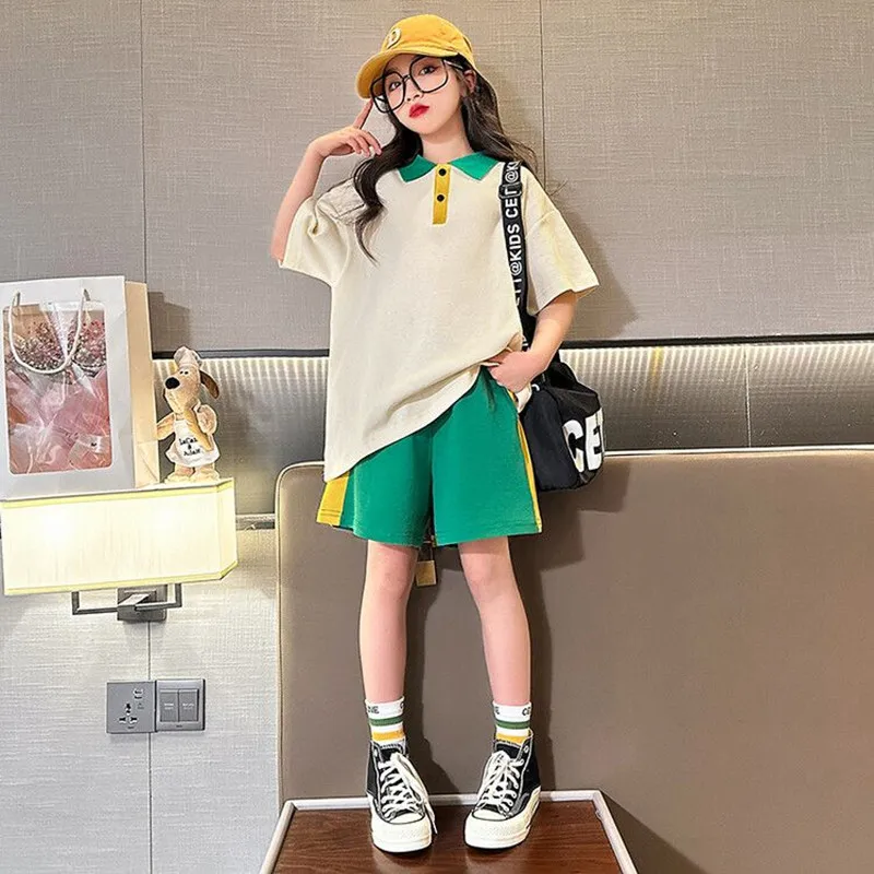 

Sport Teenage Girls Clothing Sets Summer Children T Shirt Shorts 2 Pieces Suit Fashion Kids Streetwear Outfits Clothes 5-14Years