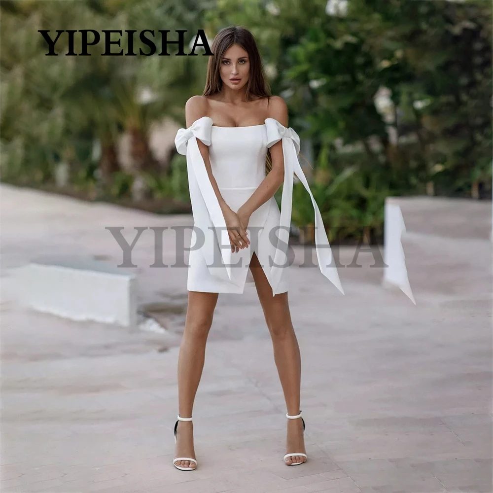 

Strapless Mini Prom Gown Bow Short Sleeve White Simple Side Split Sheathy Cliubbing Party Dresses robes de soirée فساتين السهرة