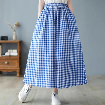 Elegant Woman Dress Plaid Pants Thin Cotton Linen Wide Leg Trousers Women 2023 Summer High Waist Baggy Jogger Pants Sweatpants 3