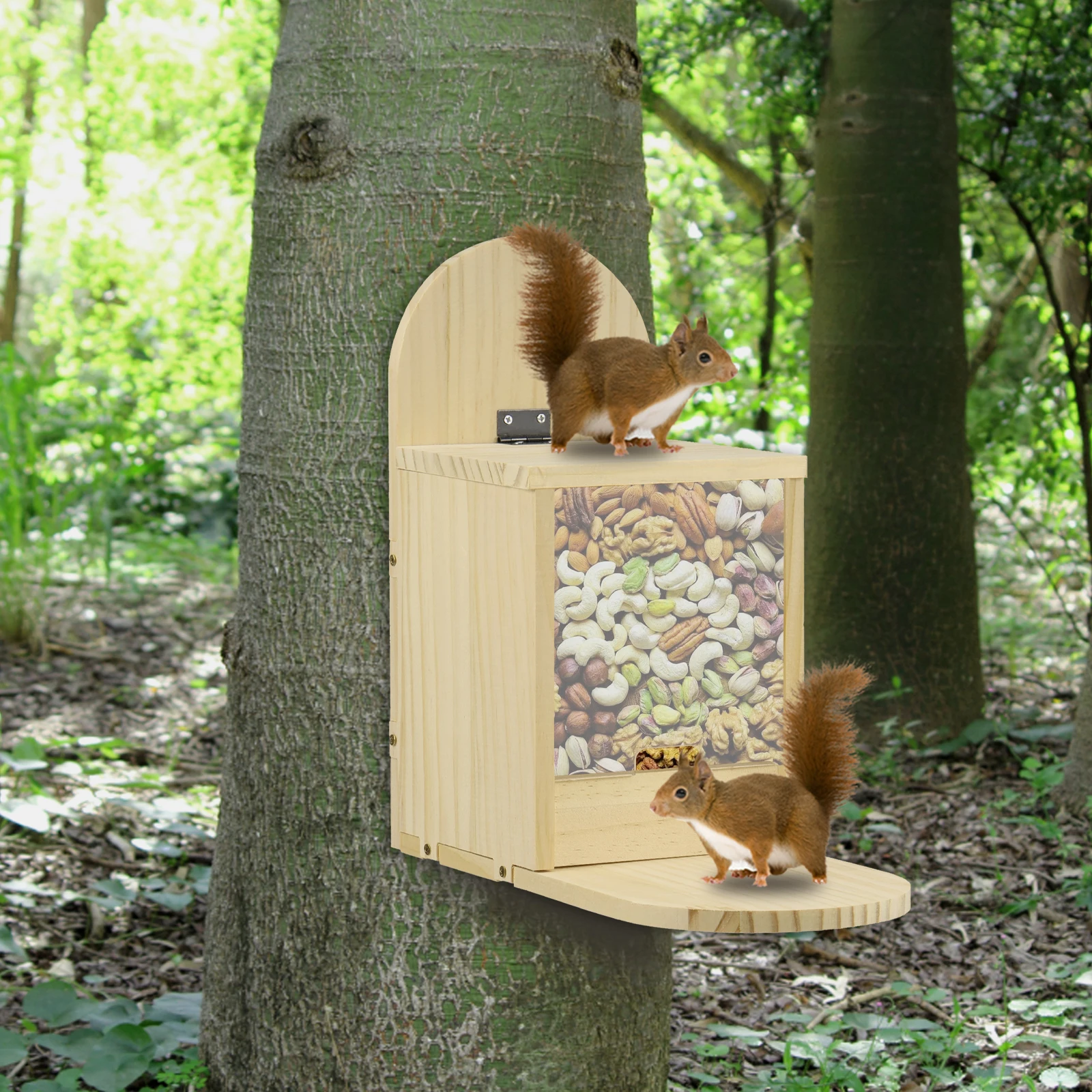 Outdoor Squirrel Feeder Hanging Wood Chipmunk Feeder Bird Squirrel Creative Pet Dining Table with Clear Window Garden Decoration