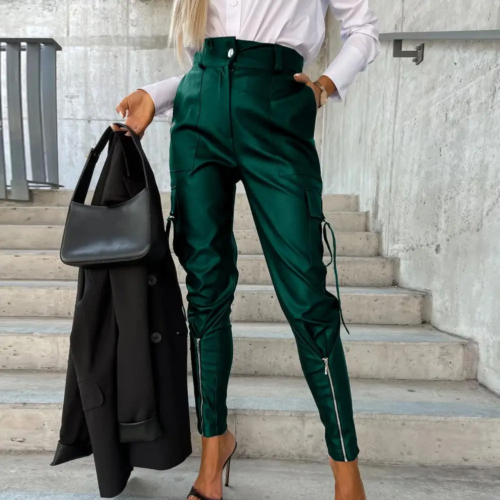 Zipper Button Closure Pants Stylish Women's Faux Leather Pencil Pants High Waist Slim Fit Multi Pockets Trendy Trousers for A