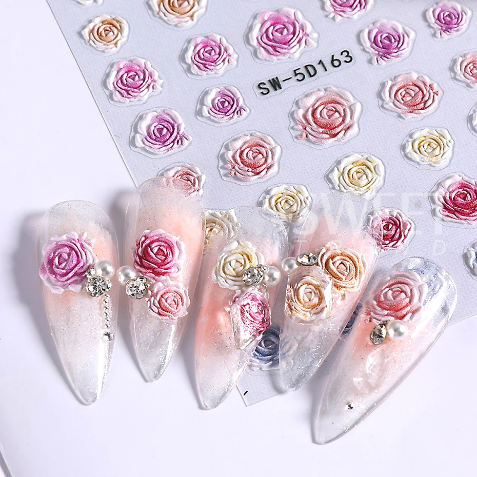 5D Orchid Rose Flower Nail Sticker Decals Simple Floral Embossed DIY Self-adhesive Nail Art Slider Supplies DIY Manicure Decor