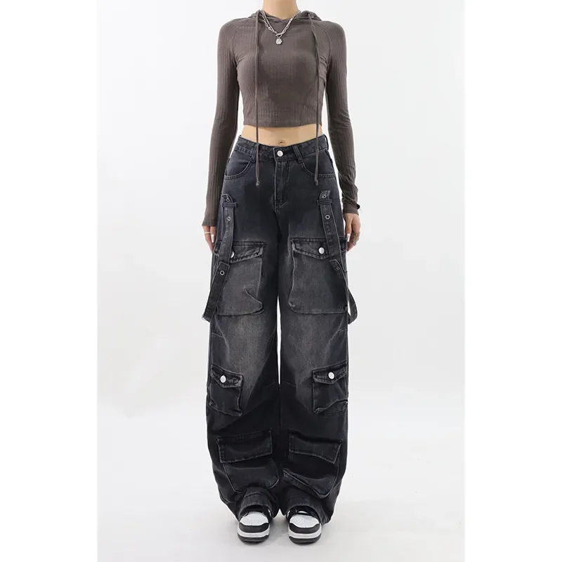 Y2K Emo Korean Vintage Streetwear Black Cargo Baggy Jeans for Women - true deals club