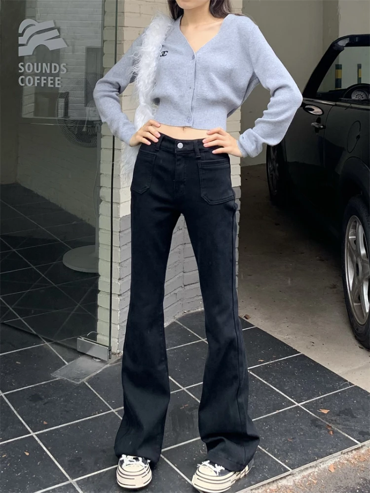 여성용 빈티지 하이웨이스트 청바지, 한국 패션 스트리트웨어, 캐주얼 슬림 플레어 팬츠, 겨울 봄 두꺼운 데님 바지
