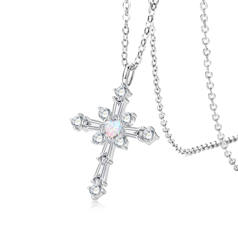 

ANZIW Women Christian Faith Cross Pendant Necklace 925 Sterling Silver Blue Pink Color Heart Cut White Opal 3.3mm Birthday Gifts