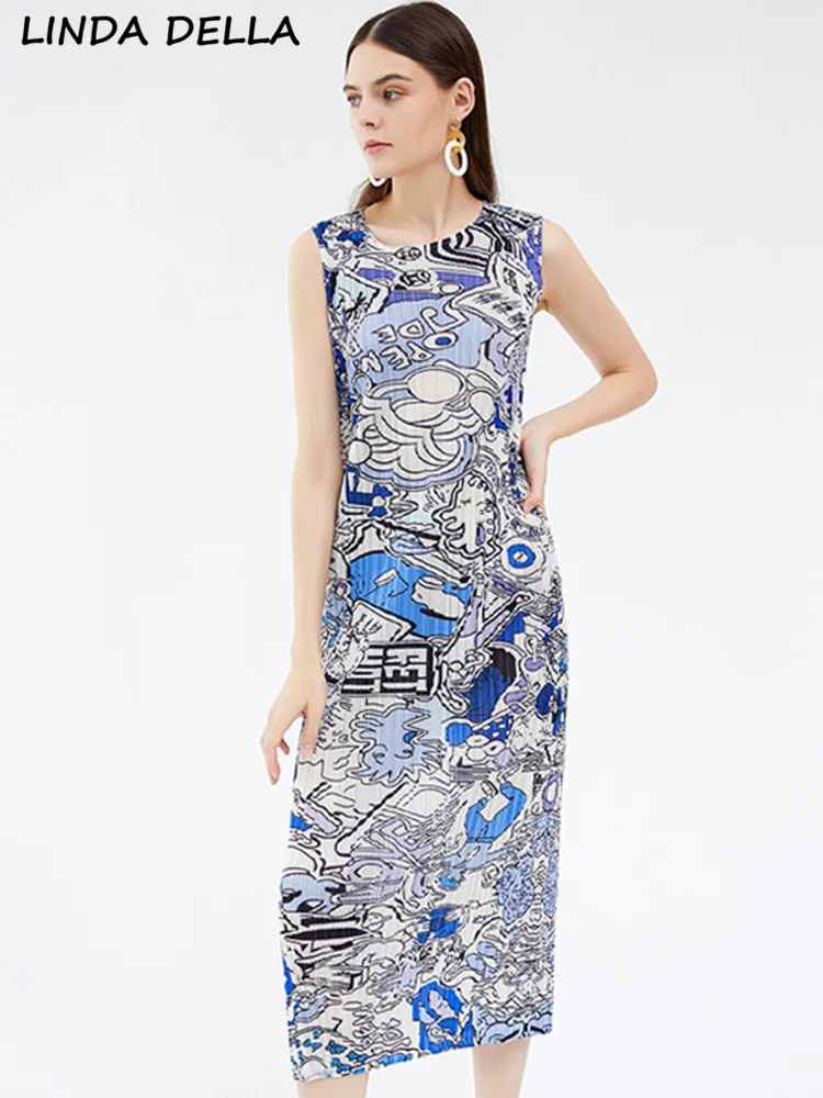 

LINDA DELLA Summer Fashion Designer Vintage Pattern Printed Dress Woimen O Neck Sleeveless High Elastic Pleated Vest Long Dress