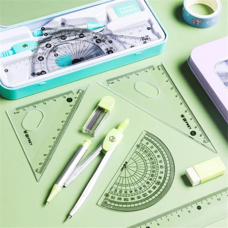 7pc/Set Rulers Geometry Maths Drawing Tool Stationery Rulers Drafting  Supplies Kids Ruler Compass with Metal Box School Supplies - AliExpress