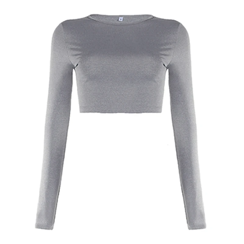 Solid Long Sleeve Crop Top Autumn Casual All Match Fitted T-shirt Basic Ladies Y2K O-neck Tee Sporty Minimalist