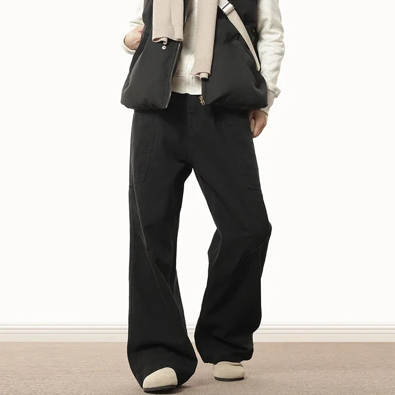 

Джинсы Y2K мужские прямые в винтажном стиле, повседневные свободные однотонные брюки из денима, модные брюки-карго с карманами, весна-лето