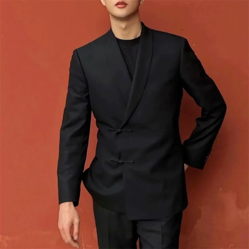 Men's Chinese style casual cross-button suit slim cut jacket Dress jacket solid color suit 4