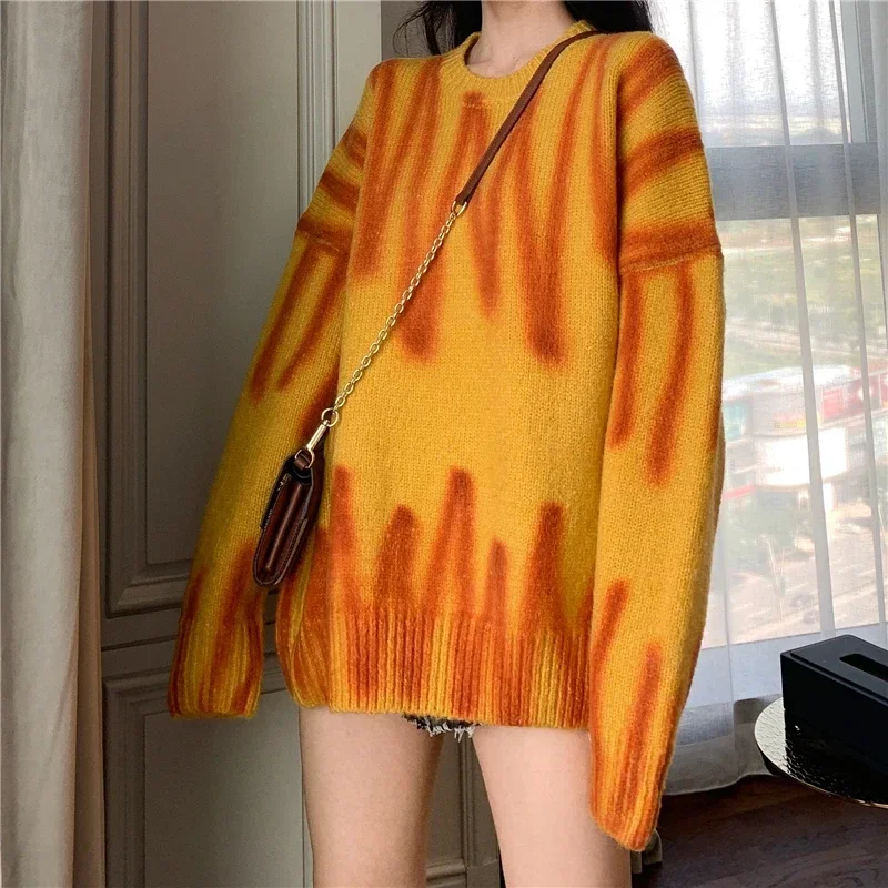 

Women Orange Stripped Sweater Korea Aesthetic Clothes Ins Vintage O Neck Long Sleeve Sweaters 2023 Woman Spring Fall Streetwears