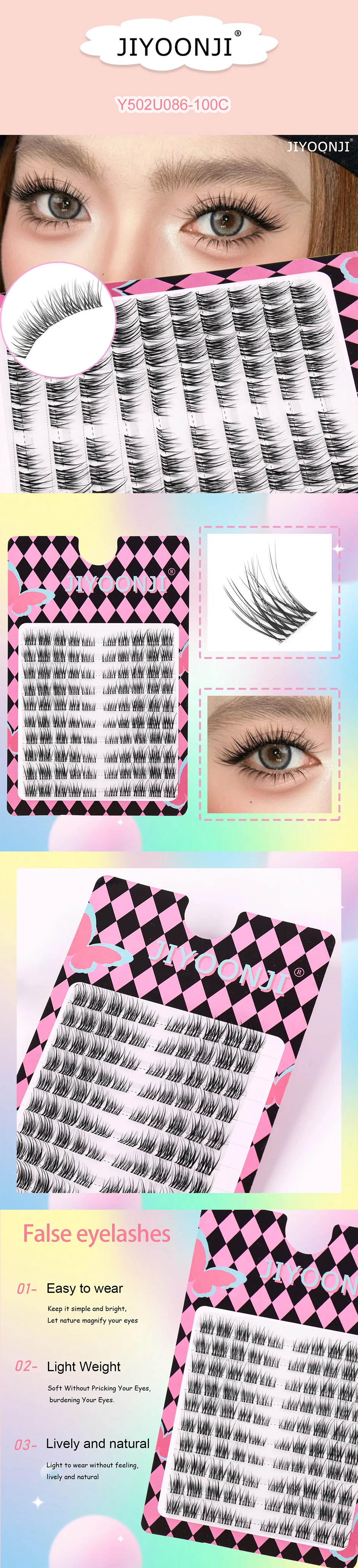 100 Cluster Natürlicher Wimpern, Leicht und Flauschig, Lang und Geschwungen, Natürliche Augenverstärkung, Fotogener Stil für Frauen, DIY Selbstklebende Künstliche Wimpern – Detail 1