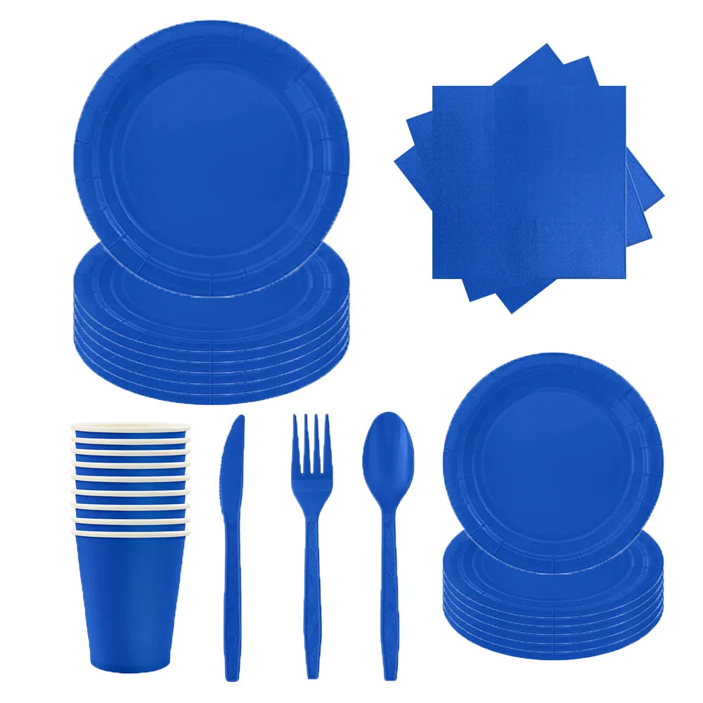 Solid Color Blue Birthday Party Decoration Boda Disposable Tableware Set Paper Plates Cups Tablecloth Wedding Paty Supplies
