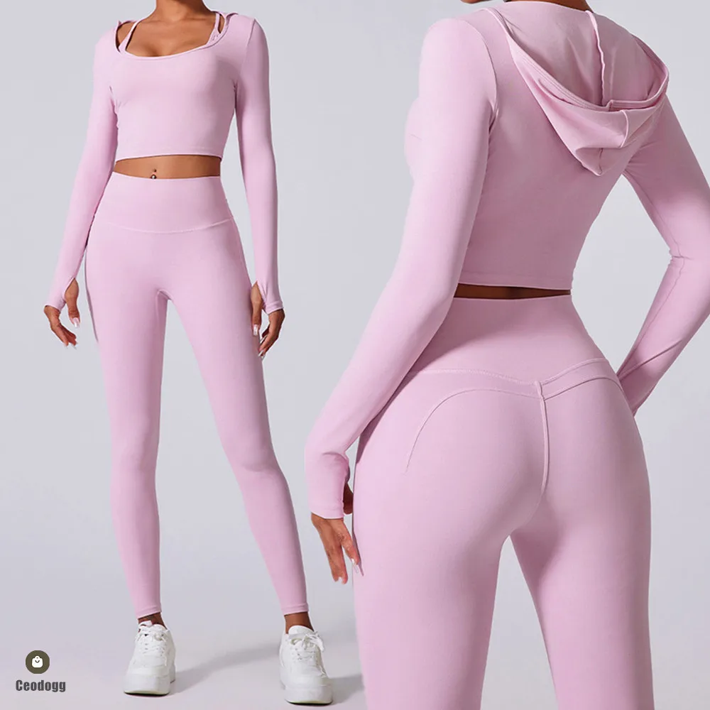 2PCS Hoody Sportswear Long Sleeve Crop Top Women Yoga Set Fitness Bra Workout Clothes Active Gym Legging Athletic Wear Suit XP14