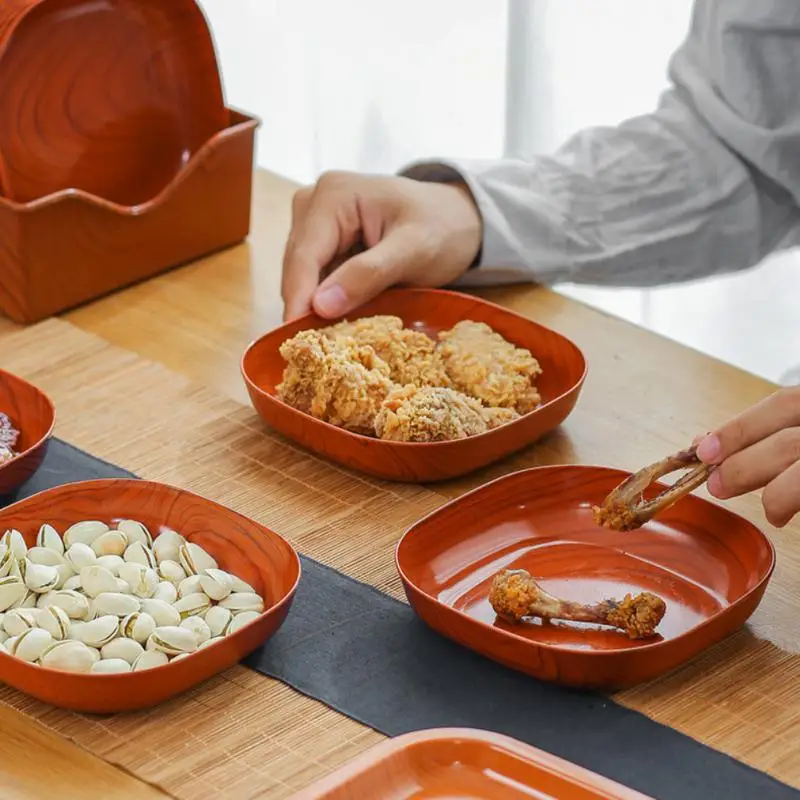 

Kitchen Faux Wood Grain Plastic Square Dessert Plate Fruit Cake Dessert Plate Snack Tableware Toast Bone Plate Kitchen Tableware