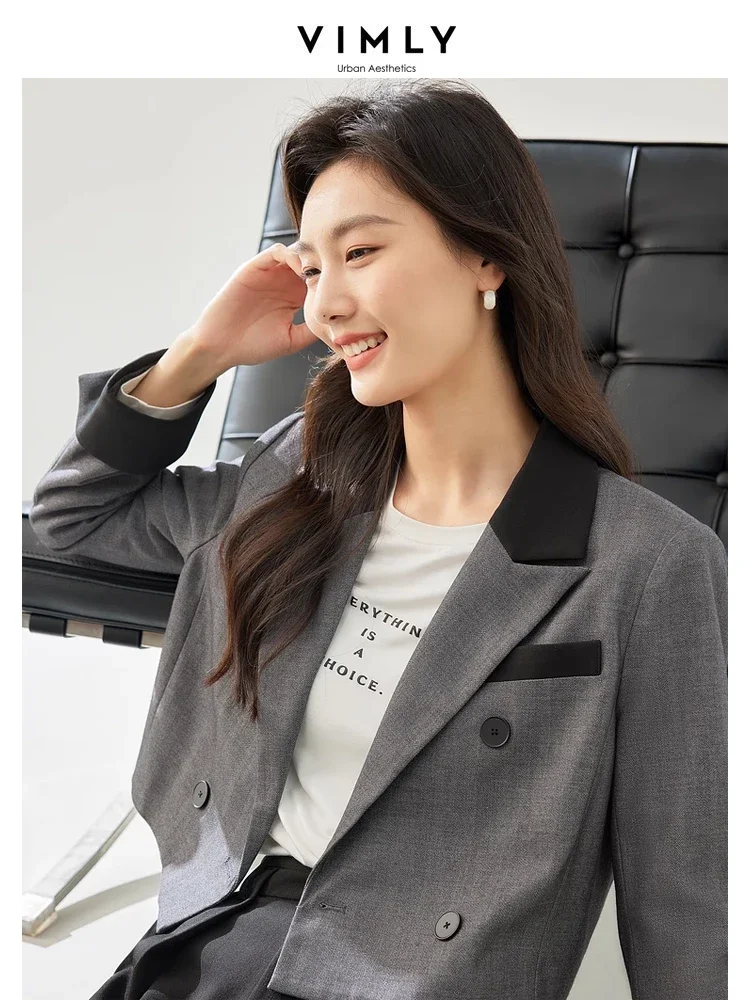 Vimly Contrast Cropped Blazer Autumn Straight Loose Double Breasted Jackets Women 2023 Elegant Office Lady Female Clothing M2992
