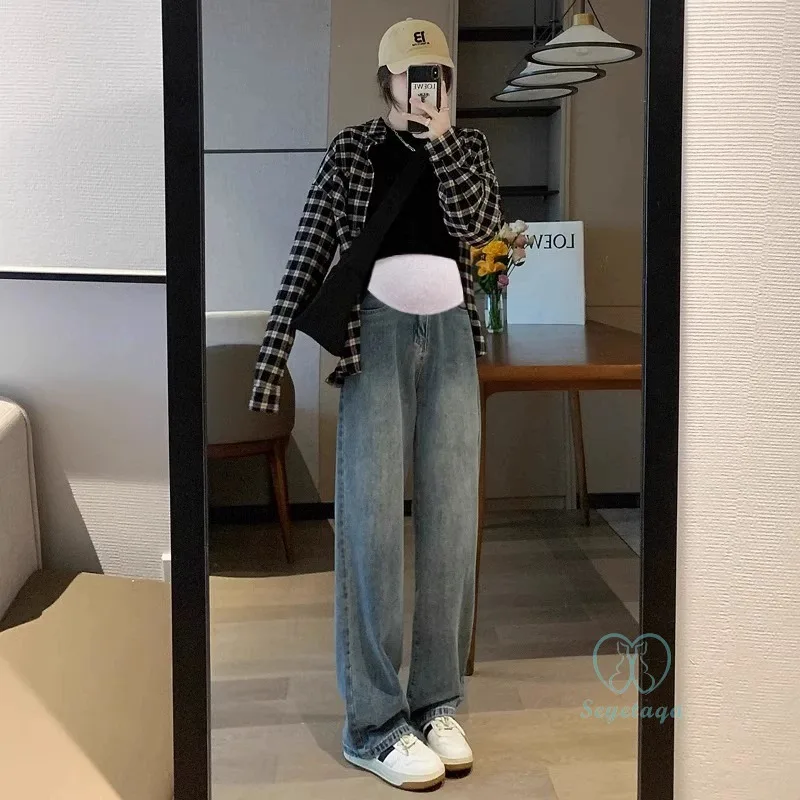 Wide Leg Loose Straight Denim Maternity Long Jeans Elastic Waist Belly Pants for Pregnant Women Spring