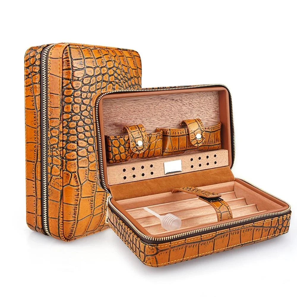 

Portable Leather Travel Cigar Case Cedar Wood Lined Humidor Without Lighter Cutter