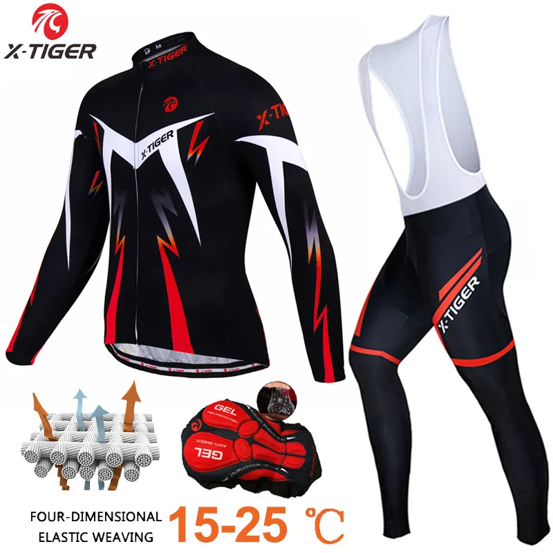 thumbnail image 1 of Conjunto de maillot de ciclismo X-Tiger con tirantes acolchados de gel 5D y secado rápido para hombre, ropa de ciclismo de manga larga con protección solar, 1 of 5