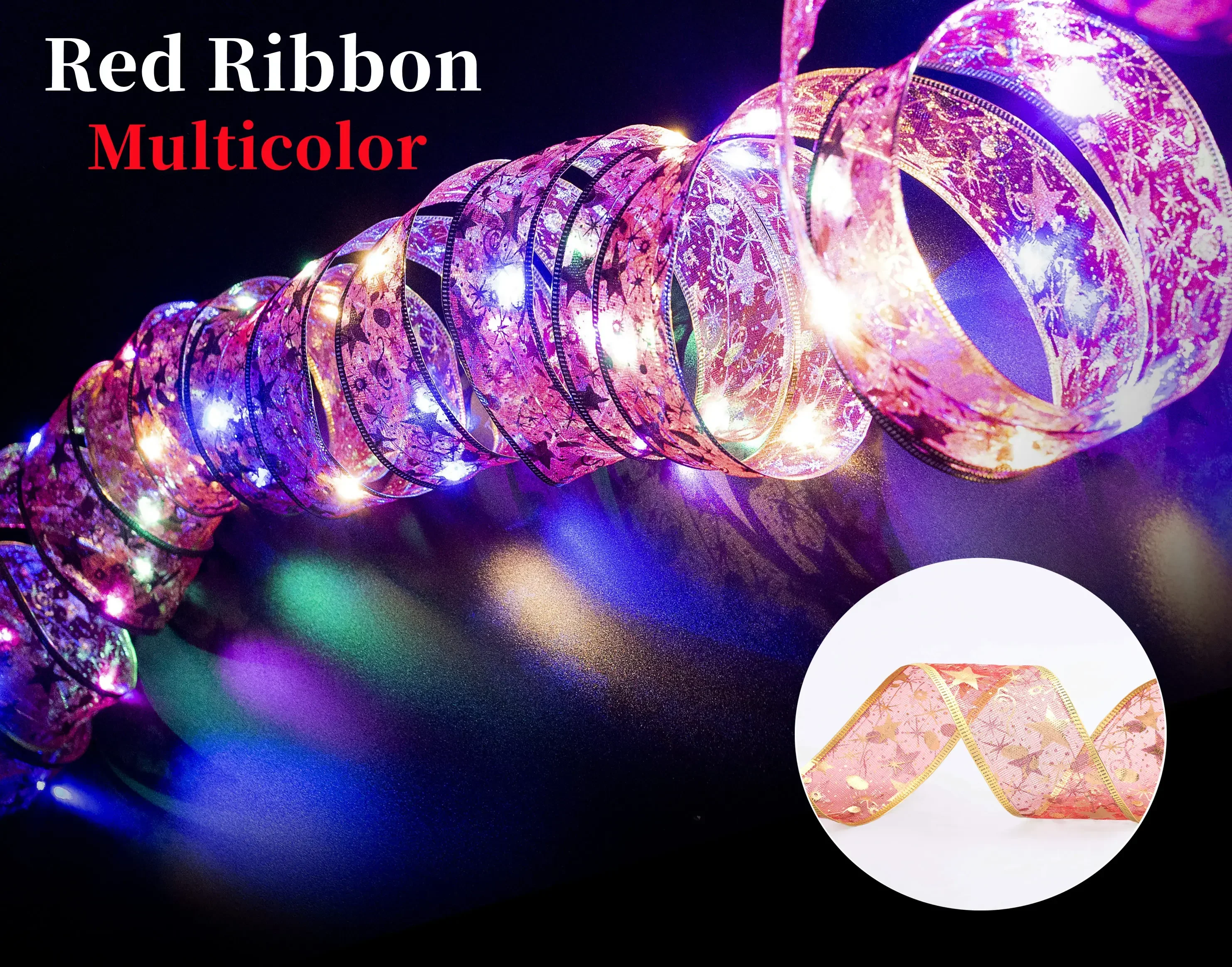 thumbnail image 1 of Cinta de Navidad con luces de hadas, decoración navideña, lazos de bricolaje, adornos de árbol de luces para el hogar, decoración navideña de Año Nuevo 2023, 1 of 5