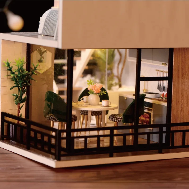 OUZEY DIY 나무 인형 집 키트 미니어처 가구 라이트 모더 로프트 룸박스 어린이를위한 3D 모델 성인 생일 선물
