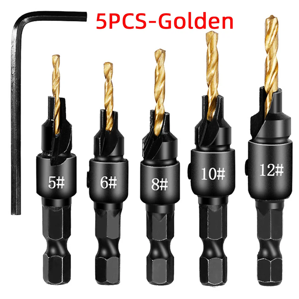 5PCS Conical Drill Bit Countersink Drill Woodworking Drilling Pilot Holes Universal Counterbore Cutter Screw Aluminum Plastic