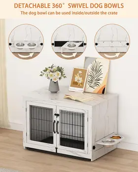 Piskyet Wooden Dog Crate Furniture with 360°Rotatable Removable Dog Bowls, Dog Crate End Table with Tray, Double Doors Kennels 3