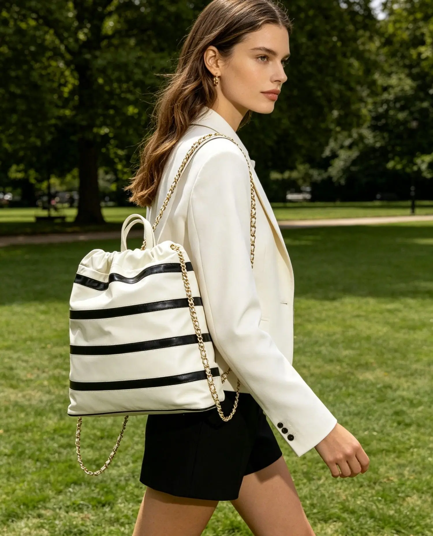 Casual Drawstring Backpack for Everyday Use, Striped Canvas Travel & Gym Bag, Lightweight and Portable Rucksack