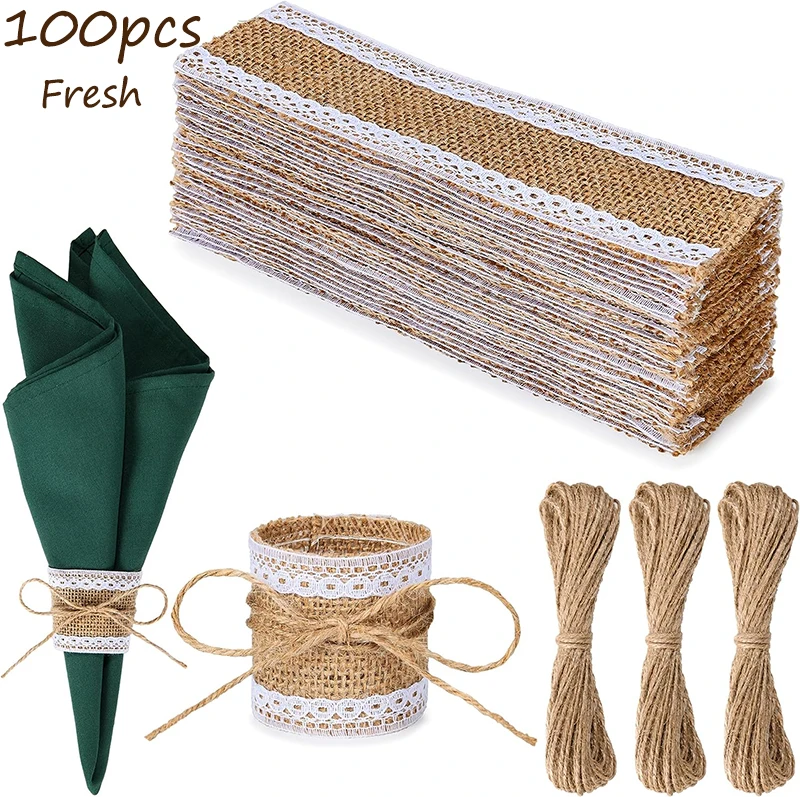 Description Picture 5 of item100pcs Natural Burlap Napkin Ring with Jute Rope Set Disposable Napkin Band Bulk Table Decor Wedding Dinner Country Party Decor