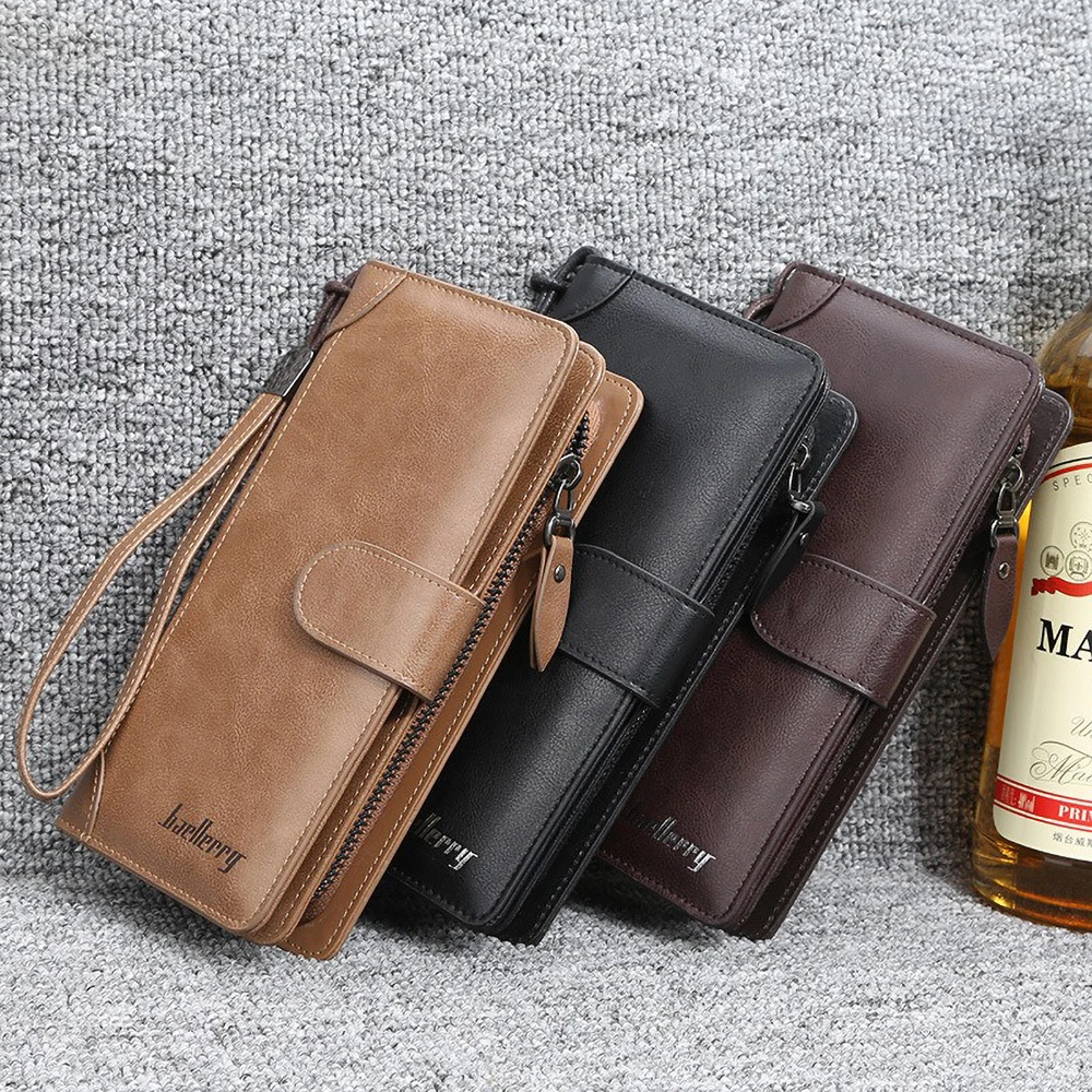 Baellerry Men's Long PU Wallet with Snap Button & Zipper Large Capacity Multi - Card Slots Organized Compartments Casual Clutch