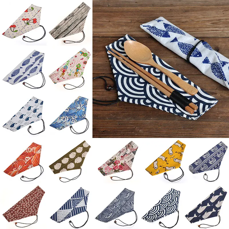 Tableware storage bag Portable Tableware bag Japanese Printing Reusable Drink straw Chopstick Cutlery pouch Drawstring bag Cutlery For Spoon forks