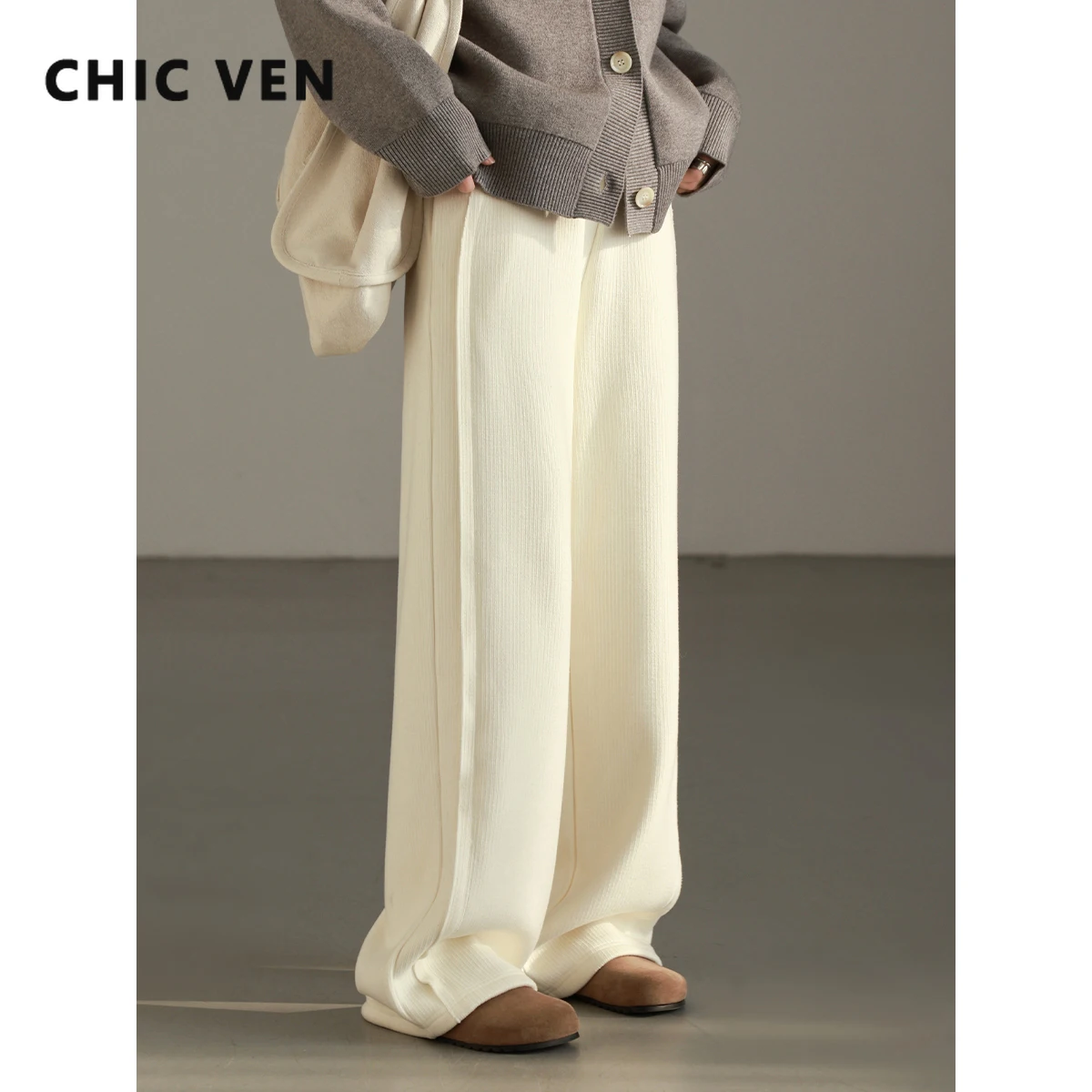 

CHIC VEN Korean Women Pant Loose Solid High Waisted Plush Knitted Wide Leg Pants Female Mop Trousers Spring Autumn 2024