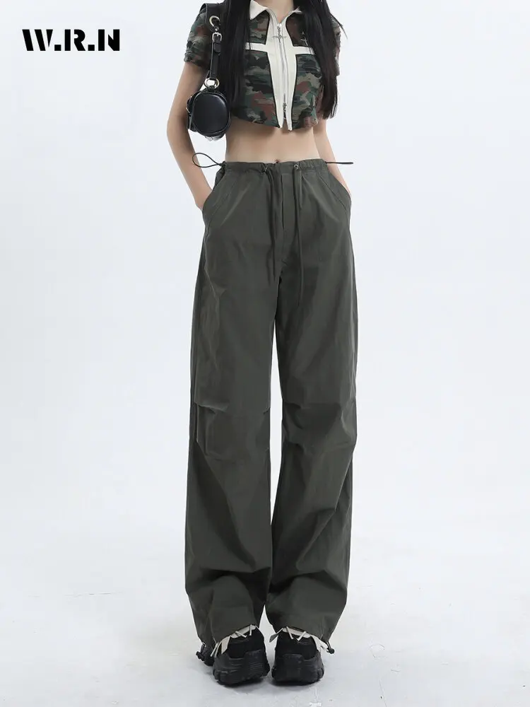 

American Retro High Streetwear Casual Solid Color Loose Wide Leg Pants Women Y2k Hip-hop Drawstring Thin Grunge Trousers