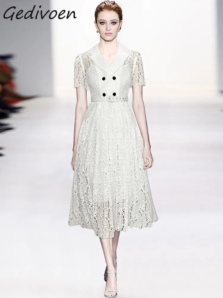 

Gedivoen High Quality Fashion Designer Summer Vintage White Women's Midi Dress Turn-down Collar Button Sashes Hollow Out Dress