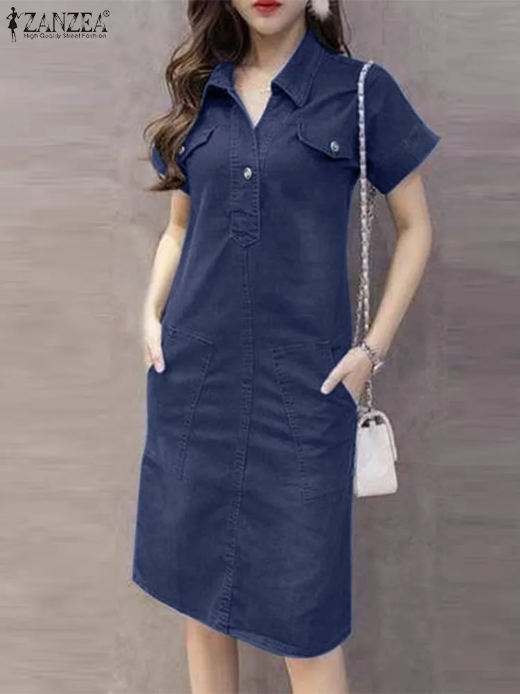 

Fashion Summer Denim Blue Dress ZANZEA Women Elegnat Short Sleeve Work Sundress Solid Shirt Vestidos Holiday Dresses Robe Femme