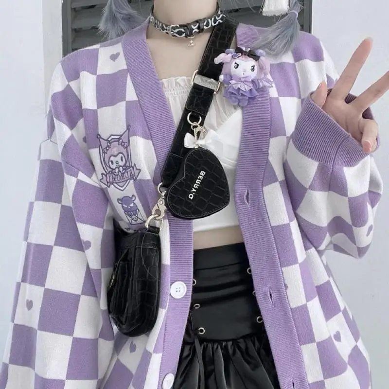 Anime Sanrioed Pompompurin Girl Cardigan Sweater Kuromi Kawaii Cinnamoroll Spring Autumn Knit Coat Preppy Loose Sweet Embroidery 5