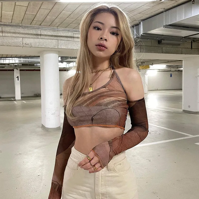 

Short Retro Abstract Print Sleeve Crop Top Crop Navel Sexy Halter Bottom Backless Summer Long Sleeve Graphic T-Shirt