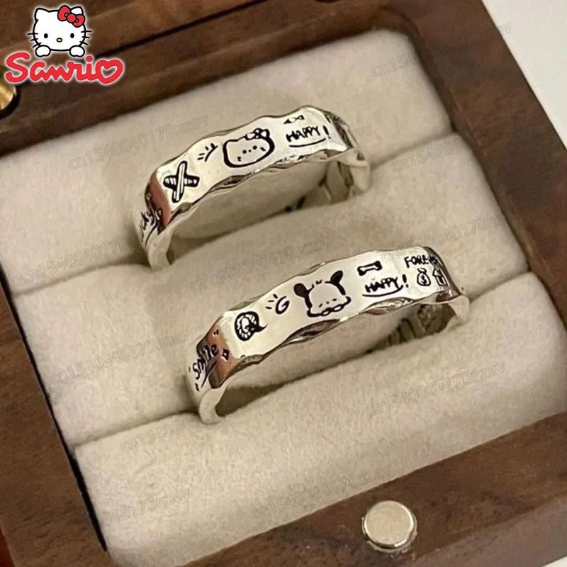 

Kawaii Hello Kitty Pochacco Ring Anime Sanrio Cartoon Figure Graffiti Wavy Edge Women Exquisite Fashion Couple Ring