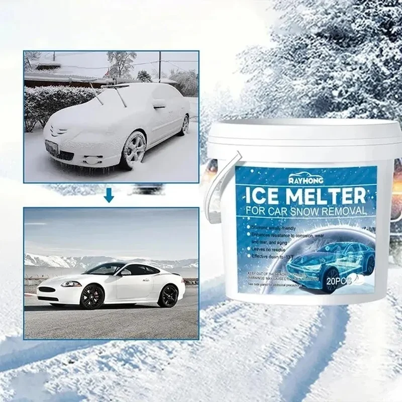 20 Pcs Snow Melter Tablets Safe Driveway Deicer Fast Acting & Effective Defrost De-Icing Ice Snow Melter for Car Windshields Rem