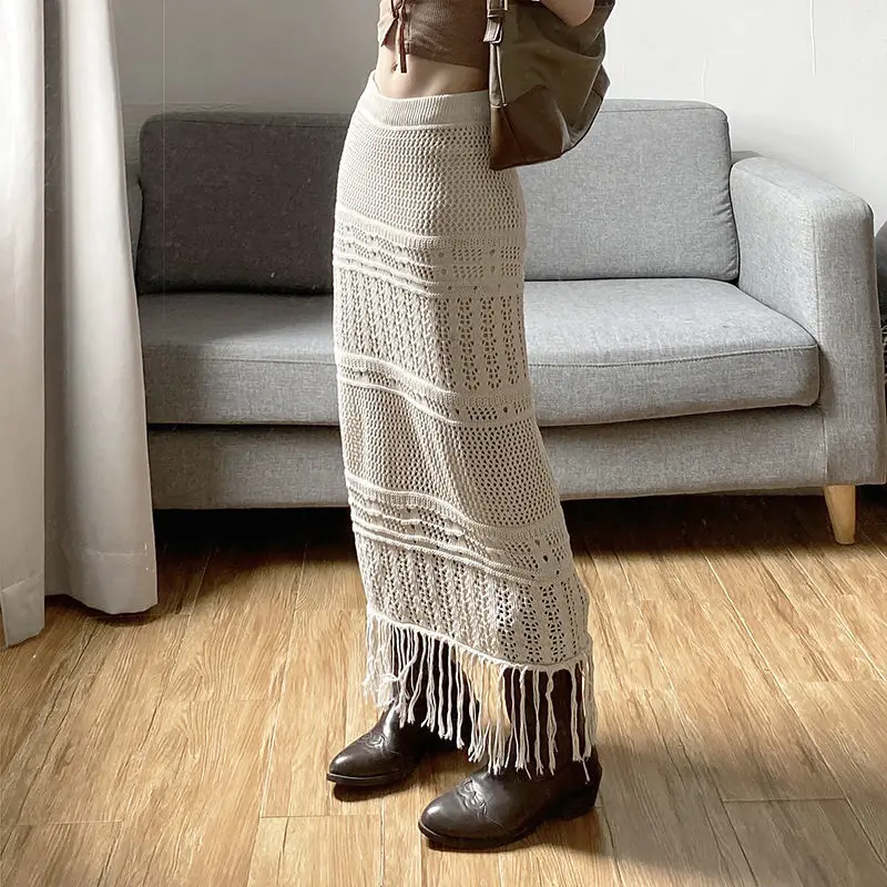 Apricot Embroidery Pattern Sexy All-Match Self-Cultivation Mature Feminine Simple Women'S Long Tassel Skirt