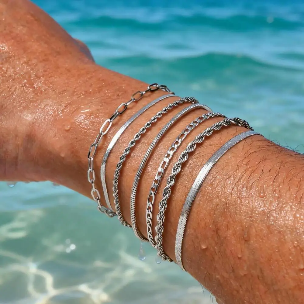 Dünne Kettenarmbänder für Herren, Edelstahl in Silberfarbe, Verstellbares Metall-Armband, Klassisches Hip-Hop Trendiges Kettenarmband als Geschenk
