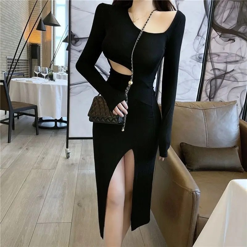 

2023 Fashion Solid Maxi Dresses for Women Casual High Slit Wrap Buttocks Long Dress Chic Dress Vintage Elegant Slim Black Dress