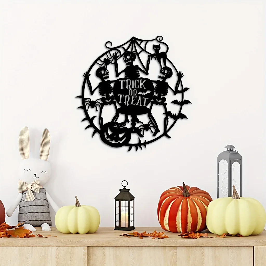 

1pc Wall Art Halloween Witch Skeleton Door Decoration - Wrought Iron Metal Sign Spooky and Unique