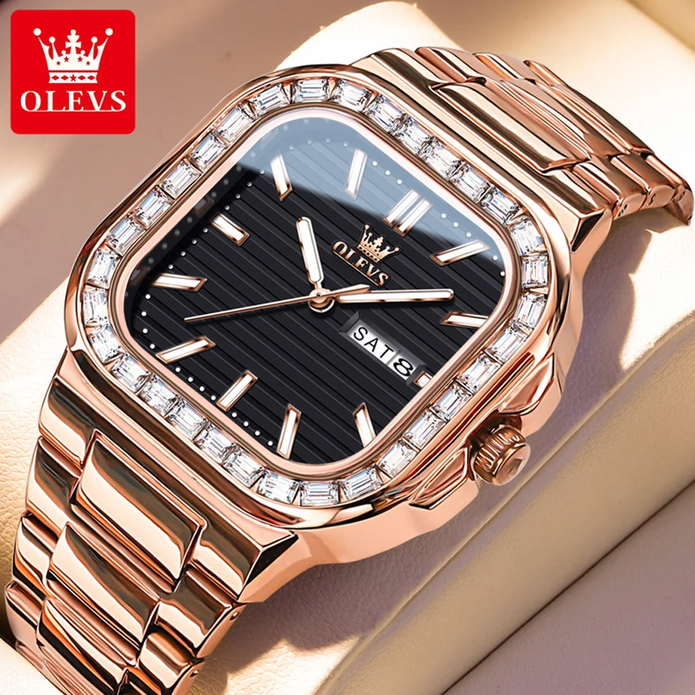 OLEVS Brand New Luxury Diamond Quartz Watch for Men Stainless Steel Waterproof Luminous Calendar Fashion Square Watches Mens
