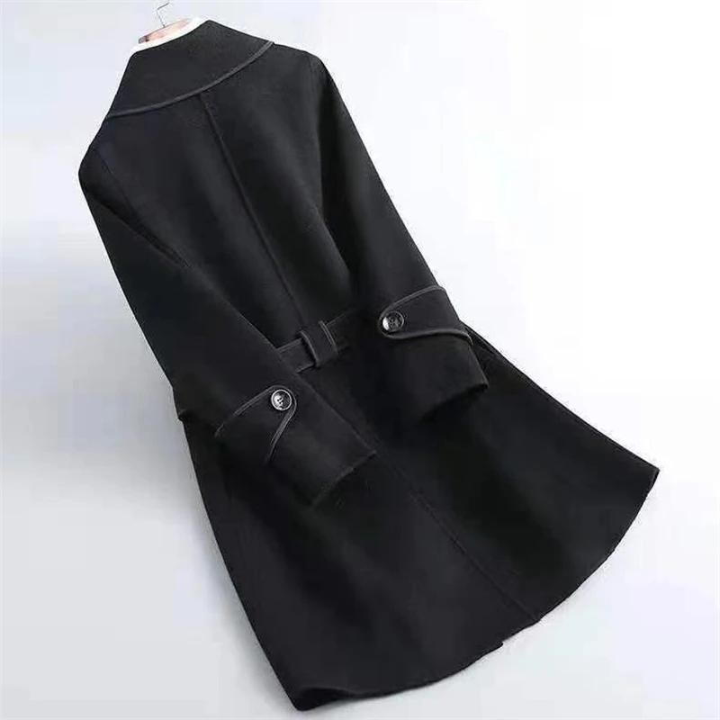 Women Elegant Fashion Lace Up Contrast Color Double-Sided Cashmere Coat Autumn Winter Long Sleeve Thick Woolen Mid Length Jacket