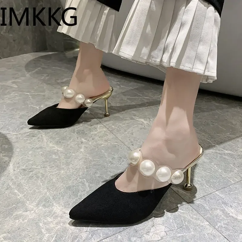 Pearl Black Sandals Women Summer Autumn Shoes Woman Thin Heels 2024 Ladies Outdoor High Heeled Mules Slippers