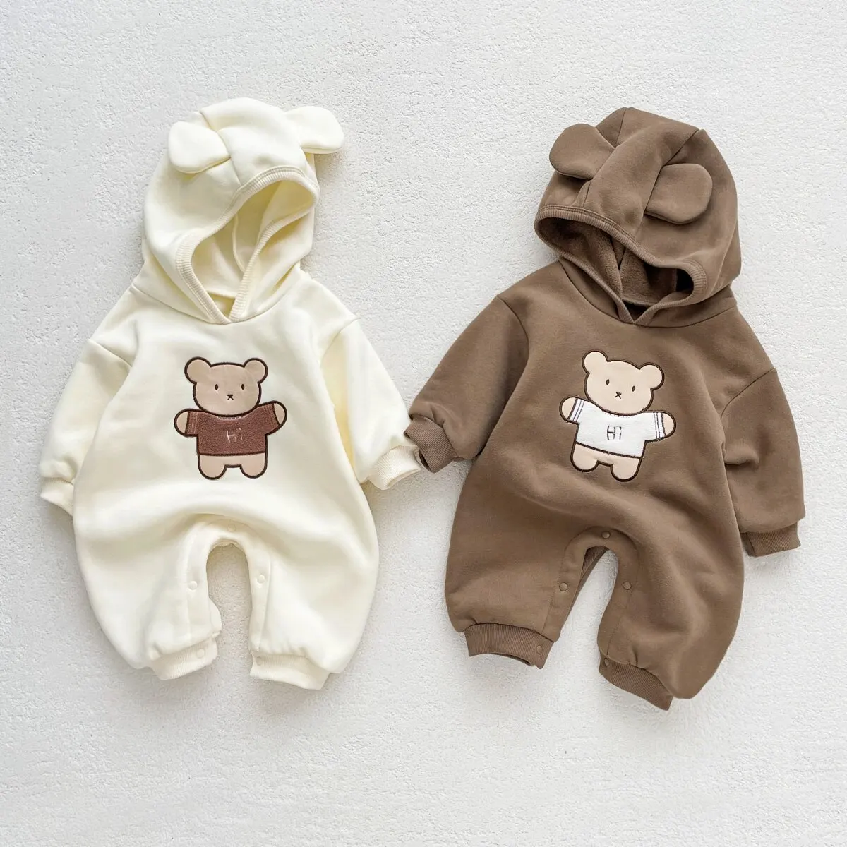 Baby Clothes Bear Hooded Jumpsuit Winter Warm Thick Long Sleeved for Boys Girls 0-24 Months Old