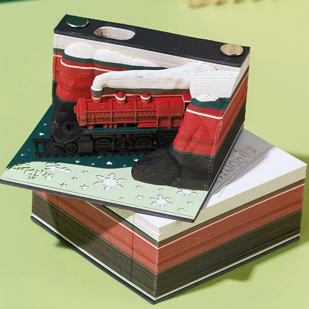 

Christmas Train 3D Paper Carving Art Craft Memo Pad Three-dimensional Notepad Non-stick Sticky Notes Pen Holder Office Supplies