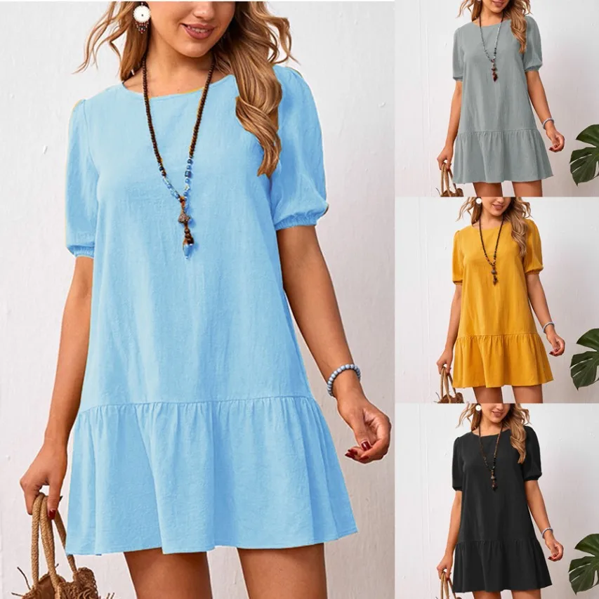 Women's Dress Solid Color Loose Waist Cotton Linen Round Neck Dress Summer Fashion Casual Female & Lady Short Sleeve Dresses female short sleeved two piece suit women s summer fashion round neck casual tether elastic waist solid color loose sports suit