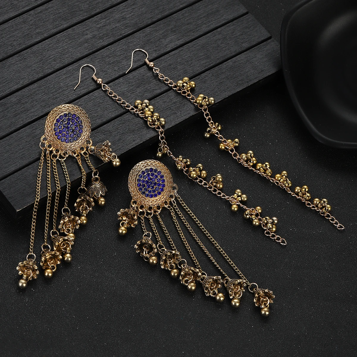 2024 Retro Long Tassel Earrings Women Gold Color Female Round Crystal Chain Bell Drop Earrings Indian Jewelry Accessories Gift